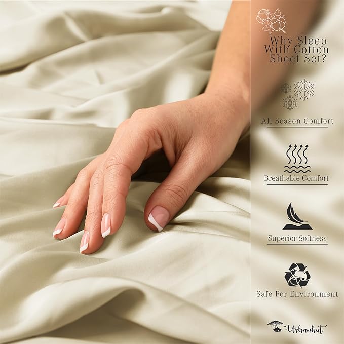 URBANHUT 800 Thread Count 100% Cotton King Size Sheets, Luxury 4 Piece King Bedsheets, Hotel Sheets Sateen Finish - Better Than Egyptian, 16" Elasticized Deep Pocket - Ivory
