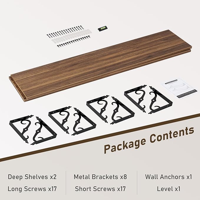 Dreamland Deep Floating Shelves, 55" W x 12" D Wall Shelves Set of 2, Wide Display Shelf Wall Mounted with Brackets, Bookshelf for Living Room, Bathroom, Bedroom, Walnut