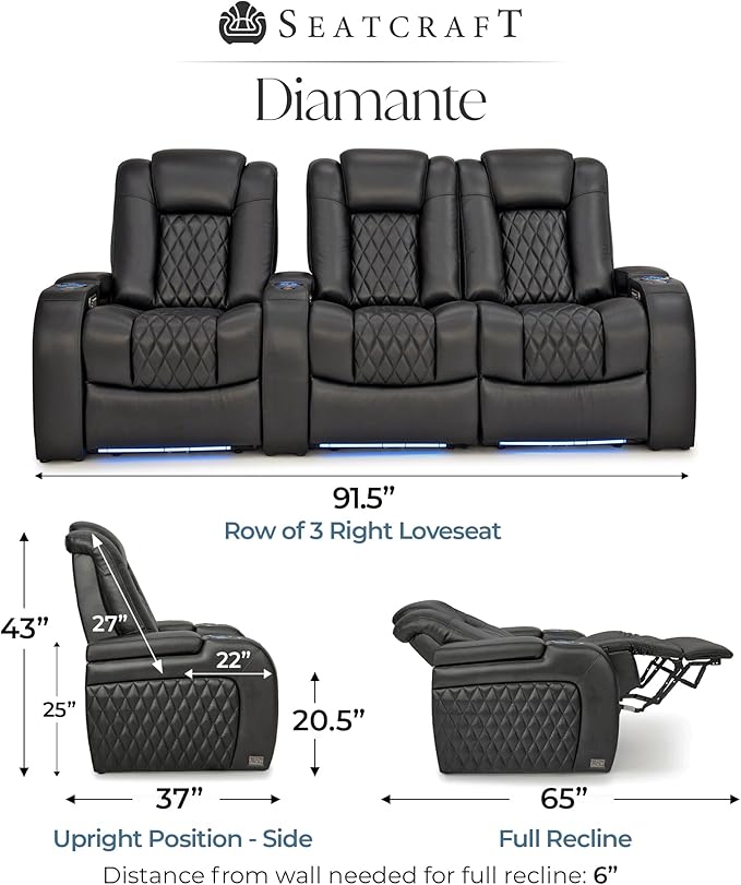 Seatcraft Diamante Zero-Gravity CoolZero Italian Leather Home Theater Seating, Power Headrest, Power Recline, Row of 3 Right Loveseat, Black