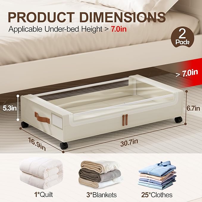 LAMU Under Bed Storage with Wheels, 2 Pack Under Bed Storage Containers with Clear Lid, XXL 60L Underbed Storage Bins, Rolling Under Bed Metal Drawers for Clothes, Blankets, Shoes, Beige