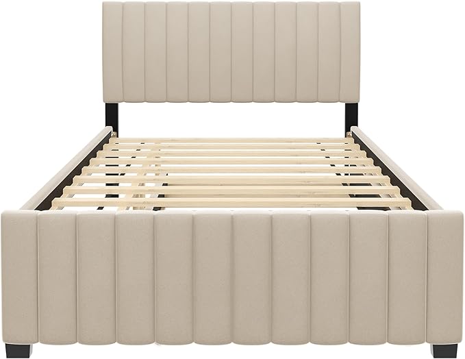 Full Bed Frame with Trundle Bed,Velvet Upholstered Platform Bed Frame,Full Size Trundle Bed with Headboard for Kids Teens Adults(Beige)