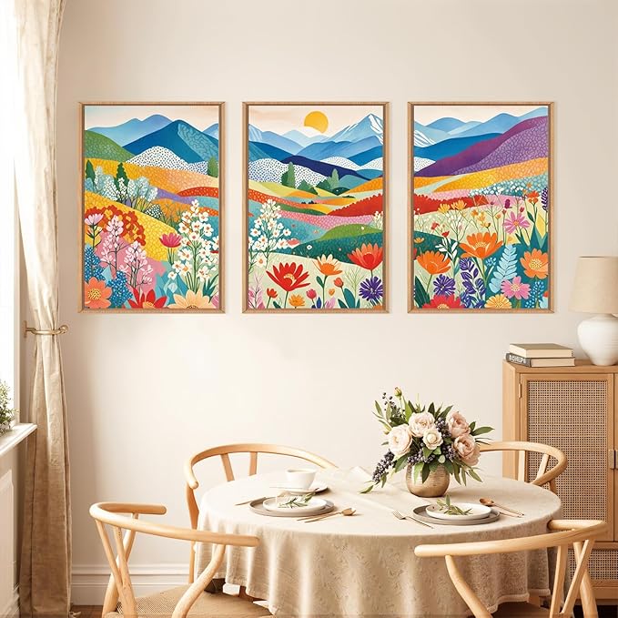LHIUEM Large Abstract Mountain Flower Framed Canvas Wall Art,Colorful Watercolor Boho Wall Decor,Nature Floral Tree Wall Painting,Bohemian Artwork for Living Room,Bedroom,Dining Room,Office -16"x24"x3