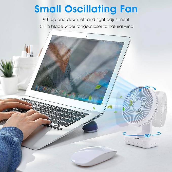 Digibond Oscillating Table Fan Small Oscillating Fan for Bedroom/Indoor/Outdoor Ultra Quiet Mini Desk Fan Auto 90° Rotated 4 Speeds 5in Wall Mounted Cordless Portable Rechargeable (White)