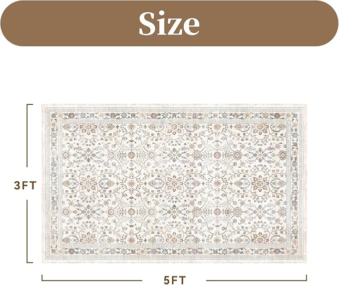 MontVoo-Vintage Area Rug 3x5 Beige Rugs for Living Room-Soft Distressed Printed Rugs for Bedroom-Non Slip Carpet-Machine Washable Rug for Dining Room Living Room Bedside Office