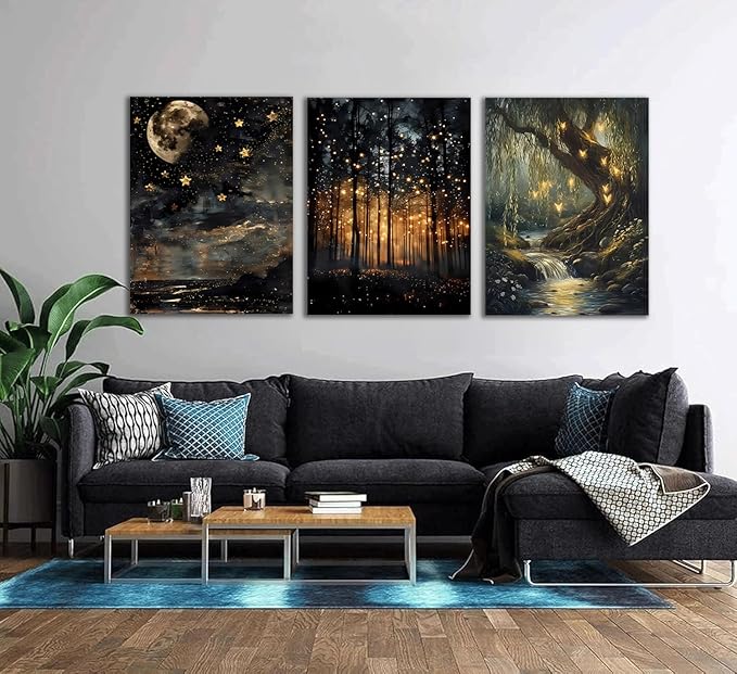 Tranquil Night Forest Framed Canvas Posters Set of 3 Wall art,Moon Fireflies Print Painting Home Décor Artwork,Creates Peaceful Ambiance Painting Artwork for Bedroom Living Room 16x24 inch Wood Framed