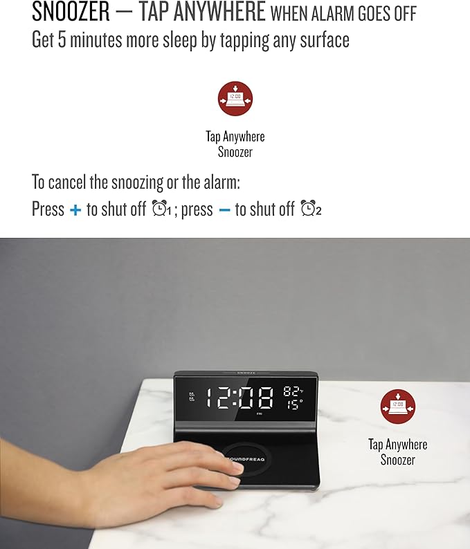 Soundfreaq Charge Rise II, SFQ-20: Digital Alarm Clock, with Dual Alarms, Fast USB Charger and Wireless Charger (Black)