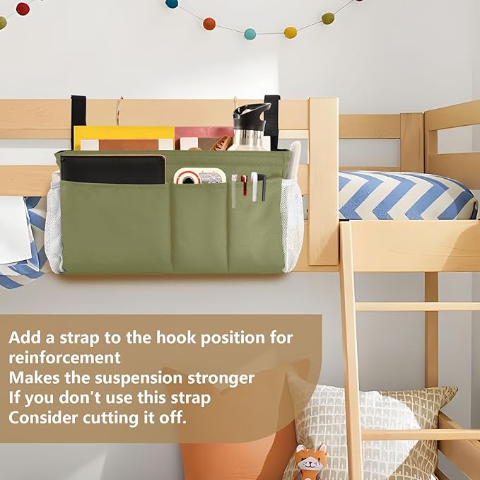 Olive Color Bedside Caddy Storage Bag Bedside Organizer for Dorm Room Top Bunk Bed Bedside Shelf Hanging Organizer 6 Pockets with Hooks for Glasses Book Tablet Holder