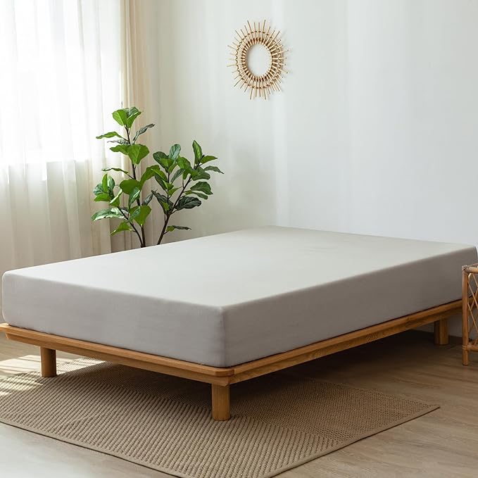 MooMee Fitted Bottom Sheet Only 100% Washed Cotton Linen Like Textured Breathable Durable Soft Comfy Deep Pocket Fits Mattress up to 17" (Natural Linen, Twin)