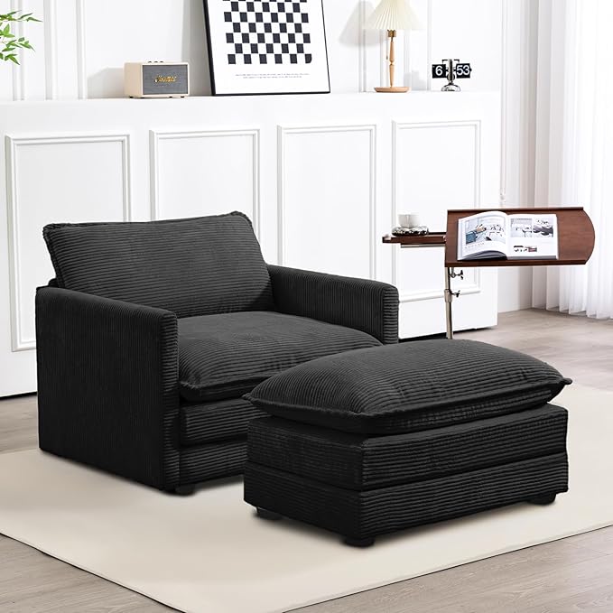 ROWHY Single Armchair with Ottoman, Modern Corduroy Cloud Couch with Convertible Chaise, Upholstered Sofa Set for Living Room, Black