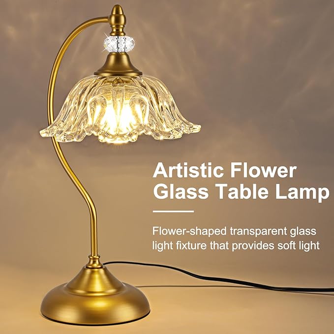 Vintage Table Lamp with a Floral Clear Glass Shade, A Plug-in Nightstand Lamp in Matte Brass Finish for Bedroom, Living Room,Office, and Desk