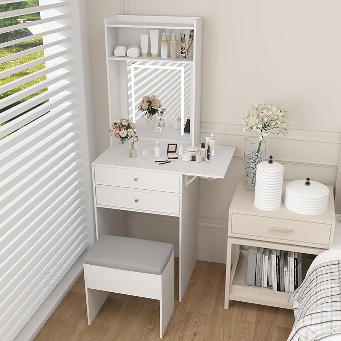 ARTETHYS Small Vanity Desk Set with 3 Adjustable Lighted Mirror and Storage Chair Mini Makeup Vanities Set for Compact Space White Dressing Table with Fold-up Panel for Bedroom