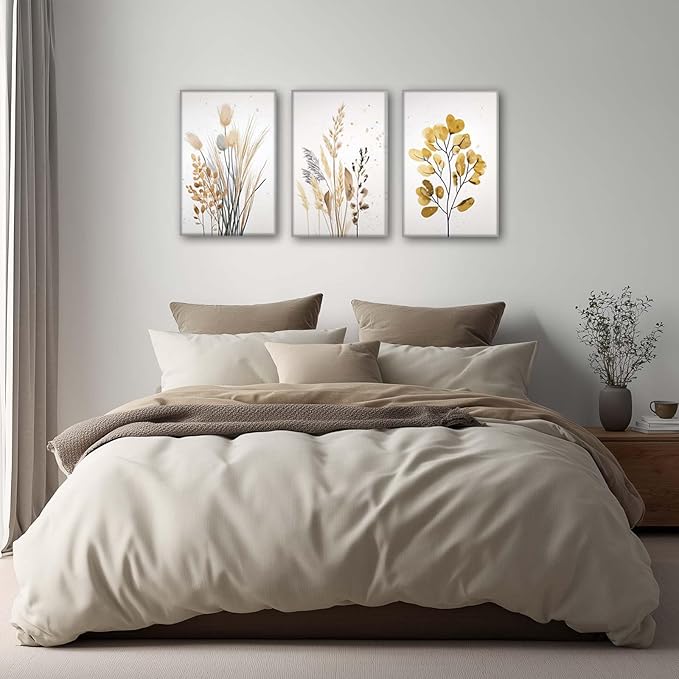 YCJKJDZ Beige Botanical Wrapped Canvas Wall Art Set of 3, Boho Watercolor Wildflower Pampas Grass Poster Neutral Leaf Art Fall Nature plant Prints for Living Room, Bedroom, Office, – 16x24 in