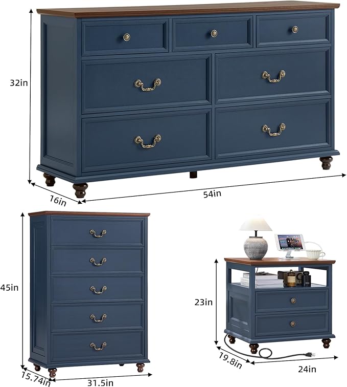 24" Wide Farmhouse Nightstand with Charging Station Set of 2,54" 7 Drawers Dresser, 45" Tall Rustic Chests of 5 Drawers, Farmhouse Furniture Series for Bedroom,DarkBlue