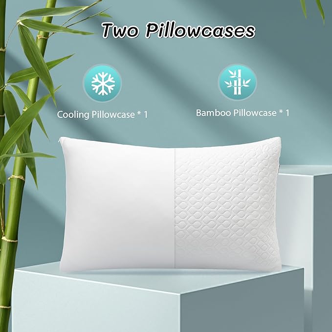 Memory Foam Pillows Queen Size Set of 2 - Adjustable Bed Pillows for Side Back Stomach Sleepers - with Washable Cooling Pillowcase