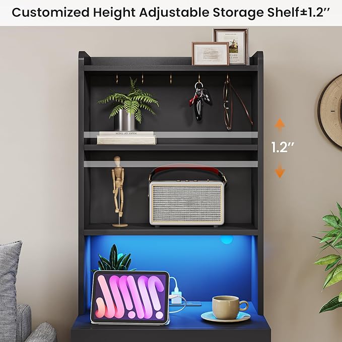 VIAGDO Tall Nightstand with Charging Station and LED Lights, Large Black Night Stand with Bookshelf, Modern LED Bedside Table with 3 Drawers and Storage Shelves, End Side Table for Bedrooms, Dorms