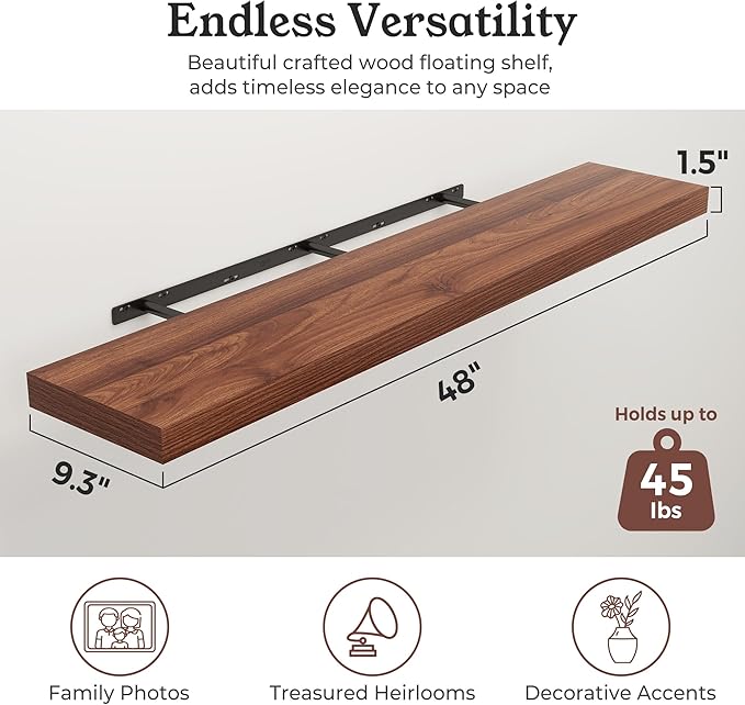 Floating Shelves for Wall, 9.3" Deep Wall Mounted Rustic Wood Shelves for Bathroom, Bedroom, Living Room, Kitchen, Hanging Shelf for Books/Storage/Room Decor (Walnut, 48")