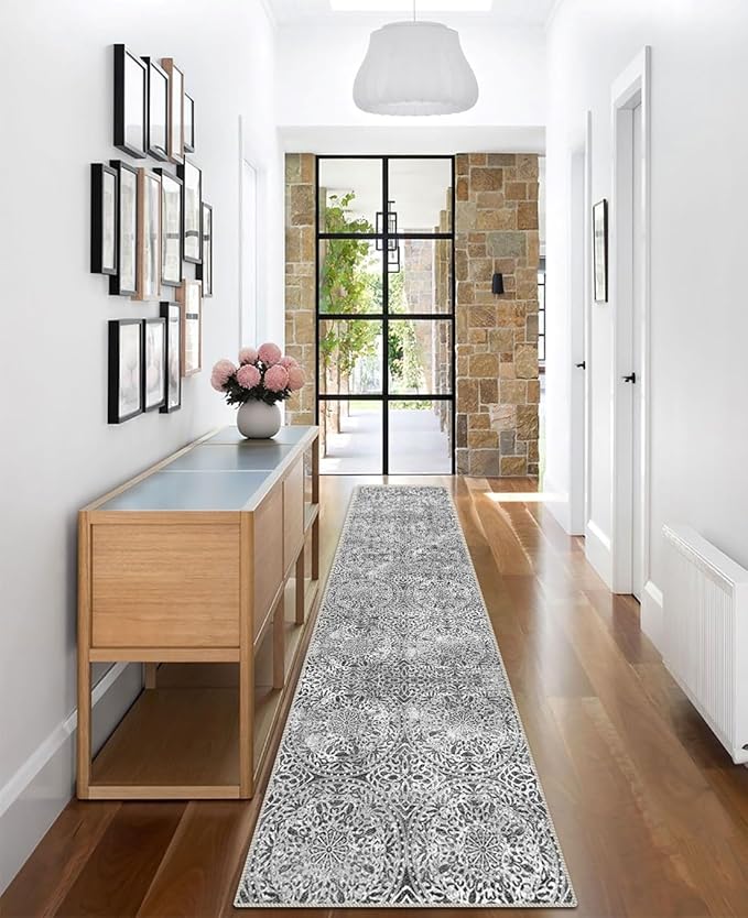 vivorug Runner Rug 2'x7' Machine Washable Non-Slip Runners for Hallways Kitchen Entryway Laundry Room Vintage Medallion Carpet Hallway Runner Grey