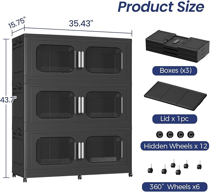 150GAL Extra Large Storage Bins with Lid, 600QT Storage Bins with Wheels, Folding Closet Organizer, Stackable Collapsible Plastic Storage Containers for Home, Office, Kitchen, 3Pack Black