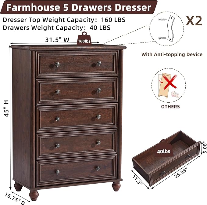 Farmhouse 5 Drawers Dresser for Bedroom, Wood 45" Tall Chest of Drawers, Dresser Rustic Storage Dressers Organizer with Metal Handle Closet for Living Room, Hallway Entryway(Walnut)