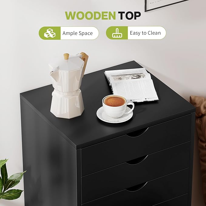 5-Drawer Chest, Office Storage Dresser File Cabinet with Wheels, Mobile Dresser for Home Office, Black
