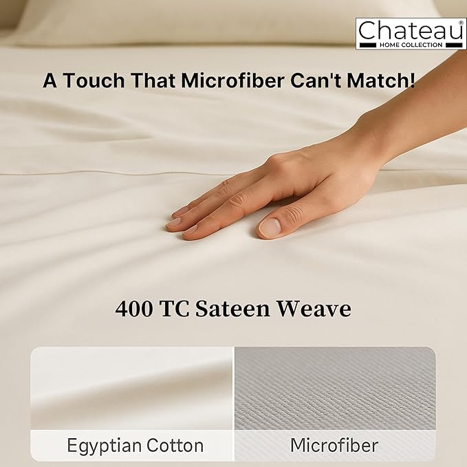 100% Egyptian Cotton California King Sheets Deep Pockets Fits Upto 17", 400 Thread Count Soft Sateen Weave Breathable Bed Sheets, Naturally Cooling Sheet & Pillowcase Sets, Cal King Sheet Set- Ivory