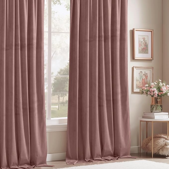 StangH Wild Rose Velvet Curtains 63 inches Long Set of 2, Soft Short Kitchen Window Drapes Room Dampening Noise Reducing Elegant Decor Curtains Rod Pocket for Kid Bedroom, W52 x L63