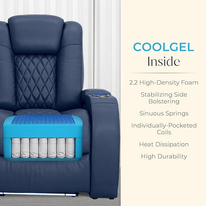 Seatcraft Diamante Zero-Gravity CoolZero Italian Leather Home Theater Seating, Power Headrest, Power Recline, Single Recliner, Navy Blue