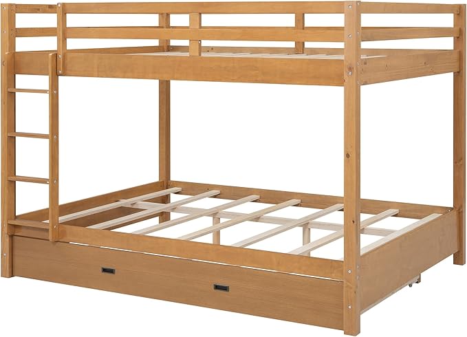 Bellemave Queen Over Queen Size Bunk Bed with Trundle for Kids/Adults,Solid Wood Bunk Bed Frame Queen Size with Ladder & Safety Guardrails,Wood Color