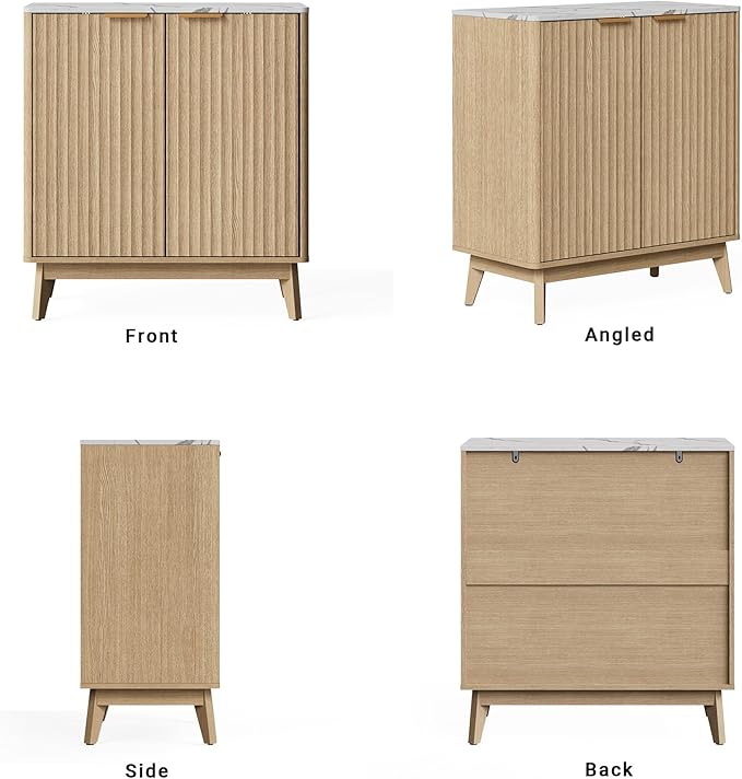 Sideboard Cabinet, Small Buffet Cabinet, Modern Fluted Storage Cabinet with Faux Marble Top & Adjustable Shelf, Accent Credenza Sideboard for Kitchen, Living Room, Entryway