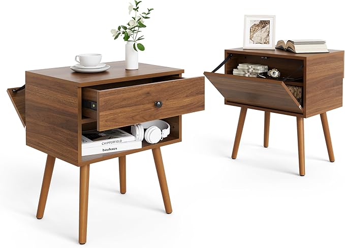 Hidden Compartment Night Stand Set 2, Mid Century Modern Concealment Furniture, End Table with Storage Drawer, Bedside Table with Wood Legs for Bedroom (2,Walnut)