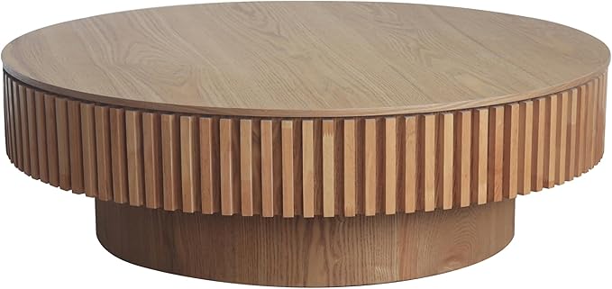 LKTART Round Coffee Table for Living Room, Accent Fluted Drum Coffee Table with Storage, Modern Solid Wood Veneered Circle Center Tea Table for Small Space Apartment (39.4''D×14''H-Natural)