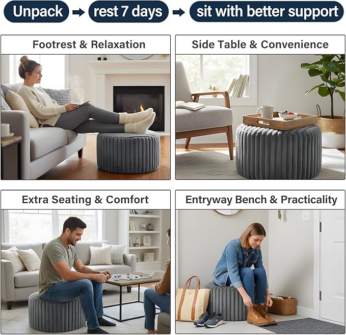 Tiita Round Stuffed Pouf Ottoman, Stripe Faux Fur Poufs with Foam Chunk Filling, Furry and Fluffy Pouf 21×21×12 inch Foot Stool Storage Ottoman,Puff Office Foot Rest for Couch Living Room, Grey