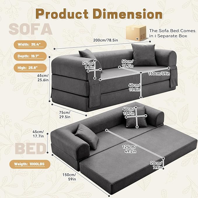 Convertible Sleeper Sofa Bed,78.5 Inch Faux Leather Futon Couch with Pillows & Storage Pocket,5-in-1 Folding Sofa Bed Queen with Pull Out Beds,Boneless Couches for Living Room,Couch in a Box,Gray