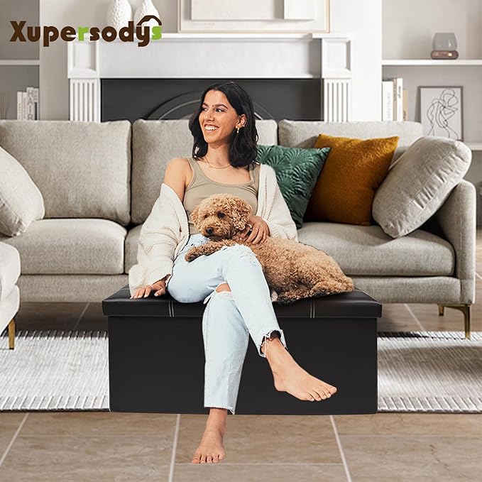 xupersodys 30 Inches Folding Storage Ottoman Bench, Faux Leather Footrest Ottoman, Storage Trunk Footstool for Bedroom, Living Room and Hallway, Support 350lbs, Black (White line)