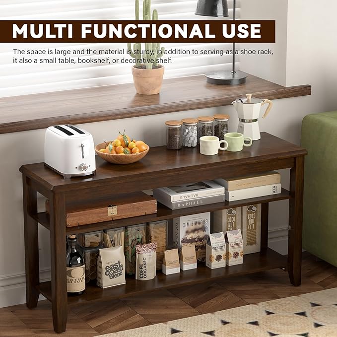 Shoe Rack Bench with Rubberwood Flat Top and 3 Adjustable Shelves – Wooden Shoe Rack for Entryway, Hallway, Mudroom, Front Door, or Small Spaces