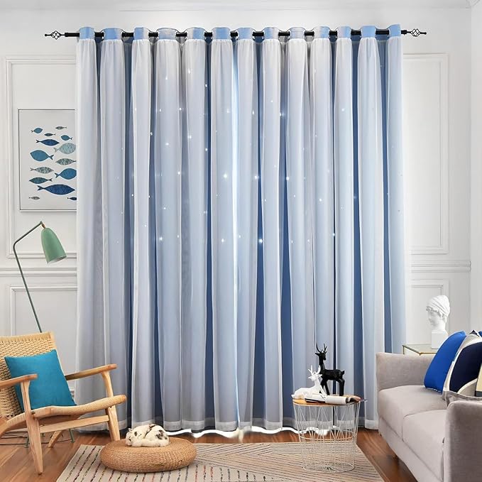 Star Curtains, Blue Blackout Curtains, 52"W x 63"L, 2 Panels, Bedroom & Living Room