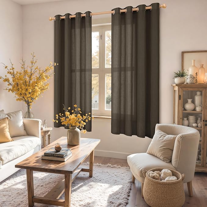 YoungsTex Brown Linen Curtains 63 Inches Long for Living Room Window, Light Filtering Drapes Semi Sheer with Grommet Privacy Decorative for Bedroom, 2 Panels, 52 X 63 Inch