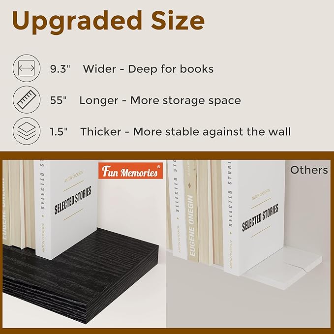 Fun Memories 55 Inch Floating Shelves for Wall Set of 2, 55x9.3 Large Floating Shelf for Bedroom, Kitchen, Bathroom, Wall Mounted Rustic Wood Shelves with Invisible Bracket for Books, Decor, Black