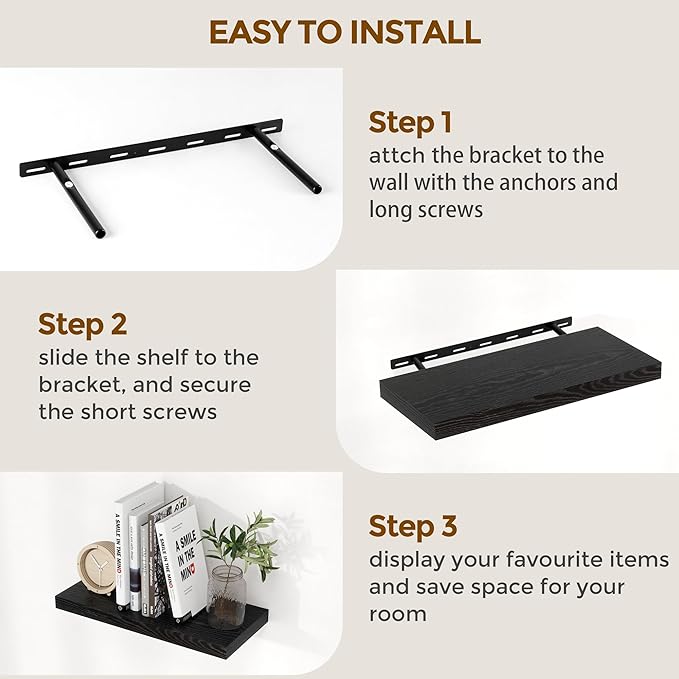 40 Inch Floating Shelves for Wall, 9.3 Inch Deep Shelves for Books & Decor, Wall-Mounted Floating Shelf 40 Inch Long Set of 2, Rustic Wooden Shelf for Living Room, Bedroom, Kitchen, Black