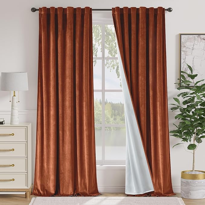 Lazzzy Burnt Orange Velvet Curtains 108 Inches Long Blackout Thermal Insulated Room Darkening Lined Curtain Drapes Back Tab Window Treatments for Bedroom Living Room 2 Panels,52 x 108 Inch, Caramel