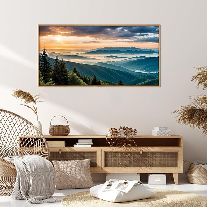 LHIUEM Large Nature Mountain Sunrise Framed Canvas Wall Art, Modern Misty Tree Wall Decor, Boho Forest Green Landscape Artwork, 20"x40"x1
