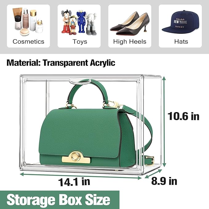 10 Pack Acrylic Shoe Box Size 14, X-Large Purse Handbag Organizer Clear Sneaker Display Case Boot Storage Box Transparent Stackable Storage Bins with Magnetic Lids