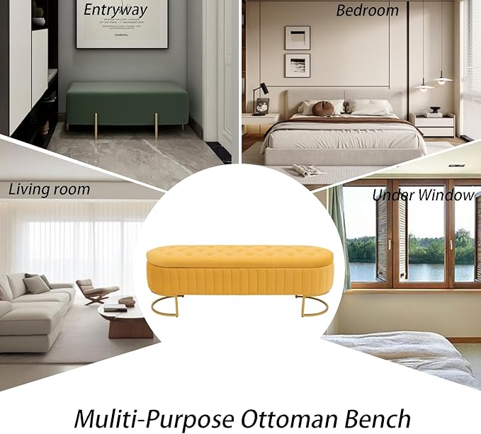 Velvet Storage Bench for Bedroom, Modern Tufted End of Bed Bench for King Size Bed, Upholstered Long Ottoman Bench with Gold Legs for Living Room/Entryway (Mustard Yellow, 55" W)