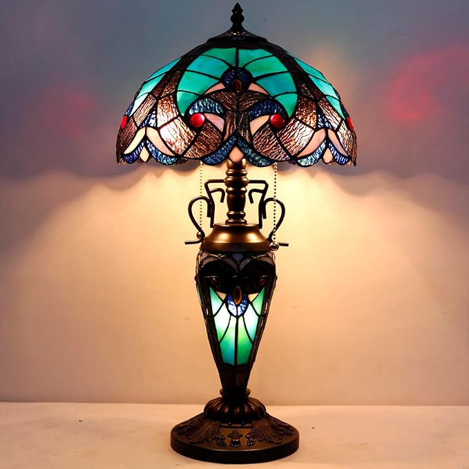 WERFACTORY Tiffany Style Table Lamp Green Stained Glass Liaison Lamp 12X12X22 Inches Mother-Daughter Vase Desk Reading Light Decor Bedroom Living Room Home Office S160G Series