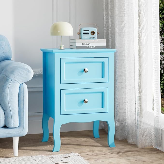 Bonnlo Nightstand Set of 2, Nightstands with 2 Drawers, Blue Nightstand, Bed Side Table/Night Stand, Small Nightstands for Bedroom, Small Spaces, College Dorm, Kids’ Room,Living Room, Wood,16W*12D*24H