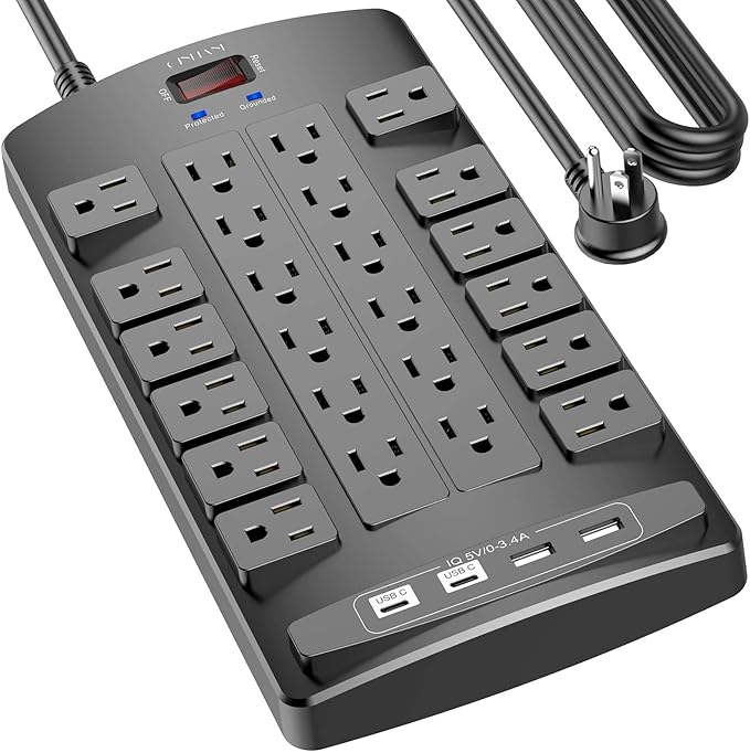 Surge Protector Power Strip - QINLIANF 20Ft Flat Plug Heavy Duty Extension Cord with 24 Outlets and 4 USB Ports(1 USB-C Ports), 1875W/15A, 4100J, for Home, Office, Dorm, ETL Listed, Black