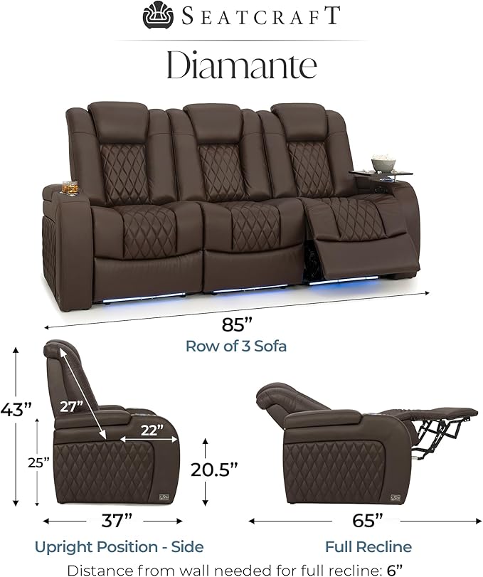 Seatcraft Diamante Zero-Gravity CoolZero Italian Leather Home Theater Seating, Power Headrest, Power Recline, Row of 3 Sofa, Brown