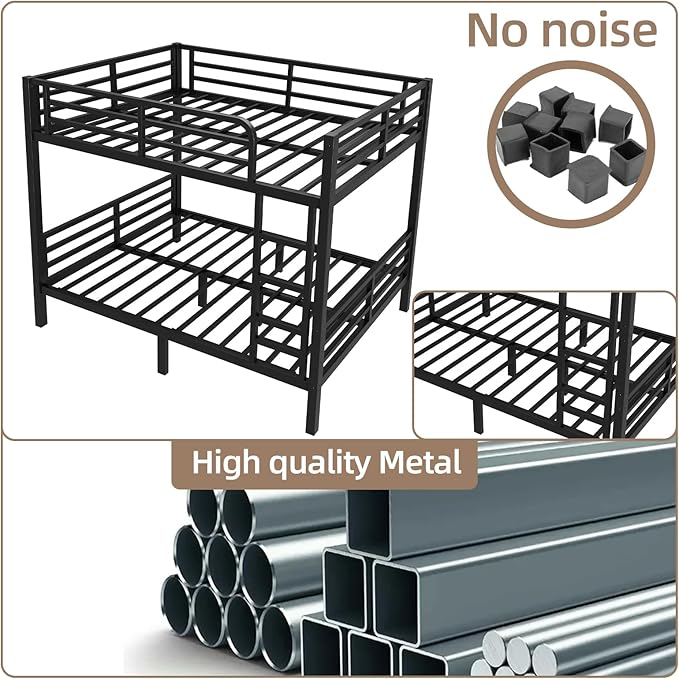 Full Over Full Bunk Bed Frame, Heavy Duty Metal Loft Bed for Adults/Teens, 350/500LB Capacity w/Ladder & Guardrail, Noise-Free Steel Slats, No Box Spring Required, Black