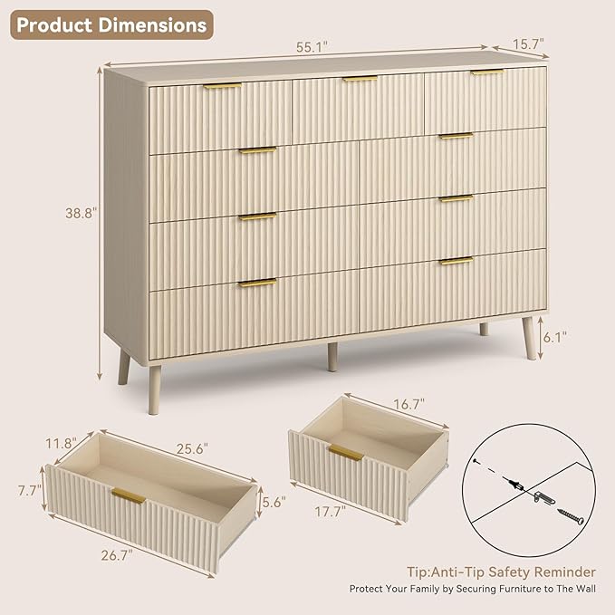 CARPETNAL Fluted 9 Drawer Dresser for Bedroom, 55" Wide Wooden Chest of Drawers with Rounded Corners, Gold Handles, Modern Storage Organizer for Bedroom, Hallway (Beige)