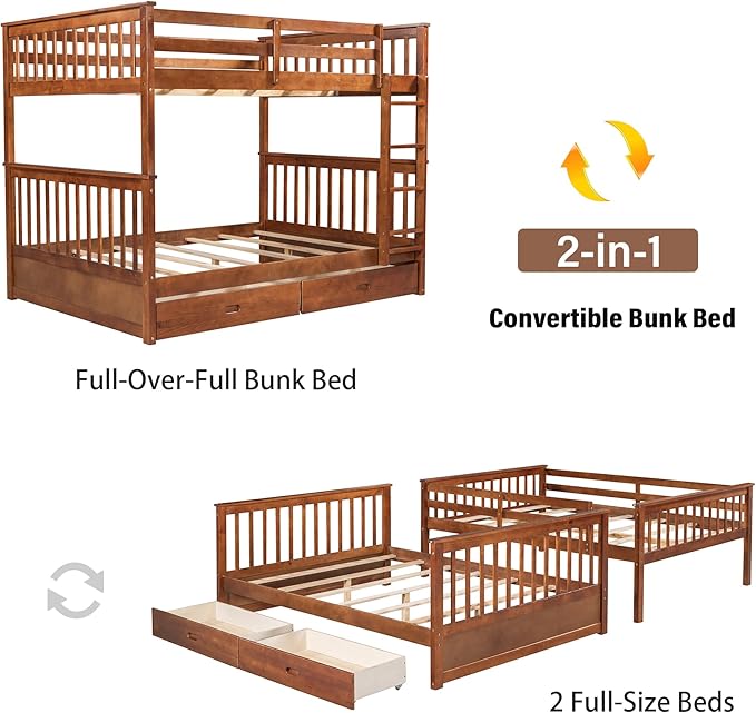 Merax Full Over Full Size Wood Bunk Bed with Drawers,Convertible Bunk Bed with Ladders and Two Storage Drawers,Solid Wood Detachable Bed Frame with Ladders, Walnut
